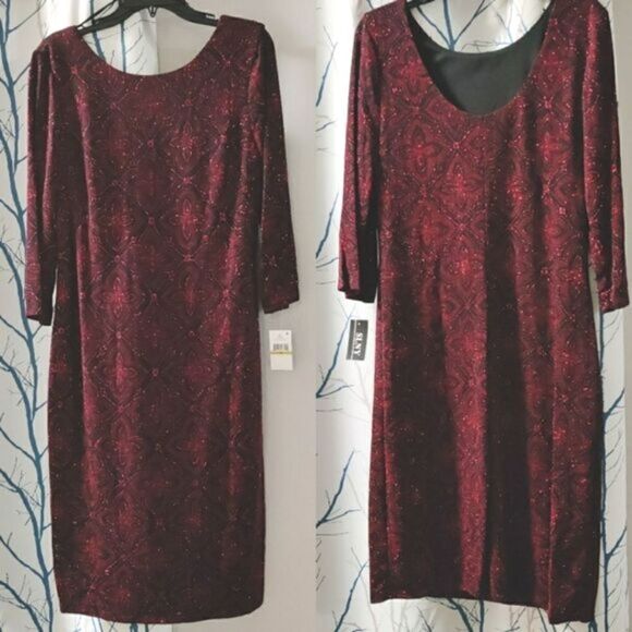 SLNY Red Black bling Christmas party formal bodycon sheath midi dress womens 14 - Picture 2 of 5